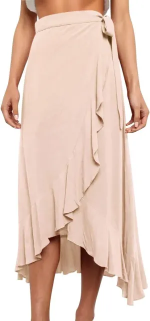 Ezcosplay Women Ruffle Wrap Skirt Tie Waist Boho High Low Asymmetrical Midi Beach Skirt