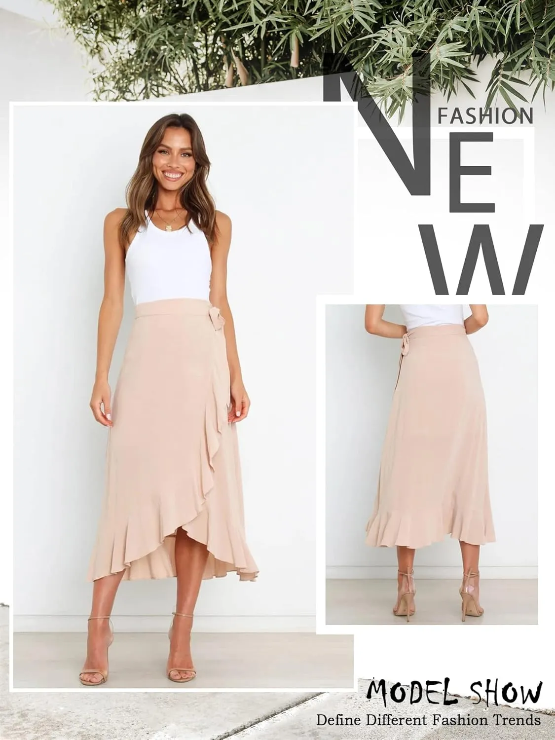 Ezcosplay Women Ruffle Wrap Skirt Tie Waist Boho High Low Asymmetrical Midi Beach Skirt
