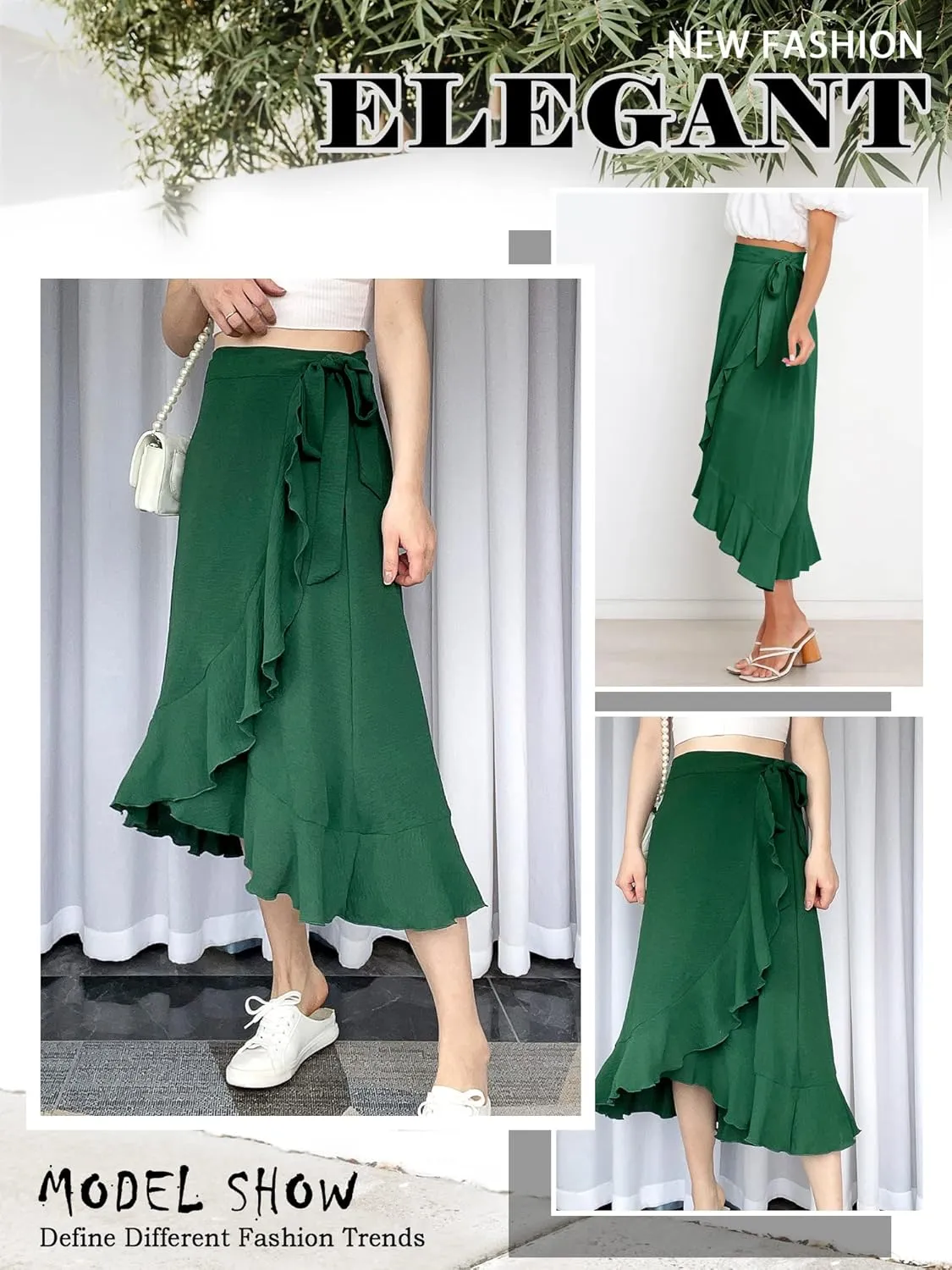Ezcosplay Women Ruffle Wrap Skirt Tie Waist Boho High Low Asymmetrical Midi Beach Skirt