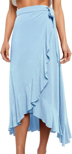 Ezcosplay Women Ruffle Wrap Skirt Tie Waist Boho High Low Asymmetrical Midi Beach Skirt