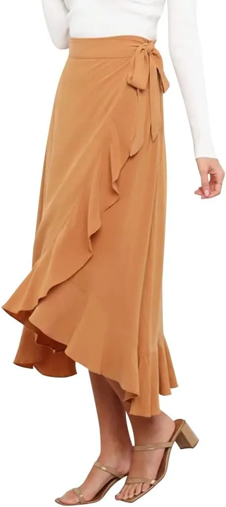Ezcosplay Women Ruffle Wrap Skirt Tie Waist Boho High Low Asymmetrical Midi Beach Skirt