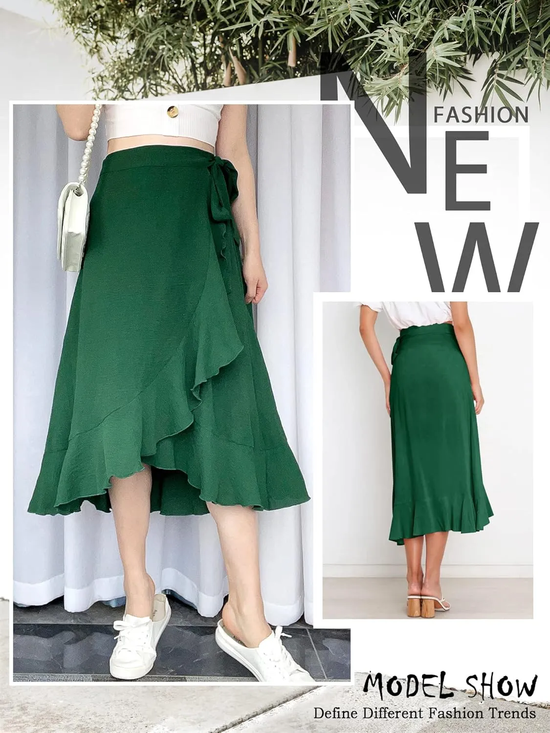 Ezcosplay Women Ruffle Wrap Skirt Tie Waist Boho High Low Asymmetrical Midi Beach Skirt