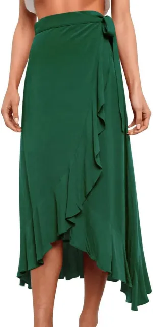 Ezcosplay Women Ruffle Wrap Skirt Tie Waist Boho High Low Asymmetrical Midi Beach Skirt