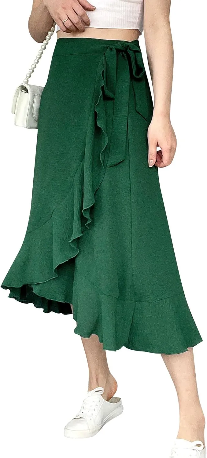 Ezcosplay Women Ruffle Wrap Skirt Tie Waist Boho High Low Asymmetrical Midi Beach Skirt