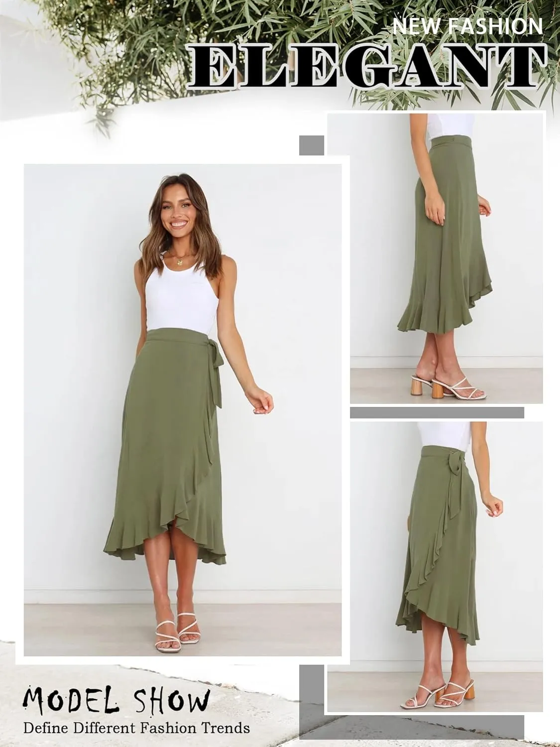 Ezcosplay Women Ruffle Wrap Skirt Tie Waist Boho High Low Asymmetrical Midi Beach Skirt