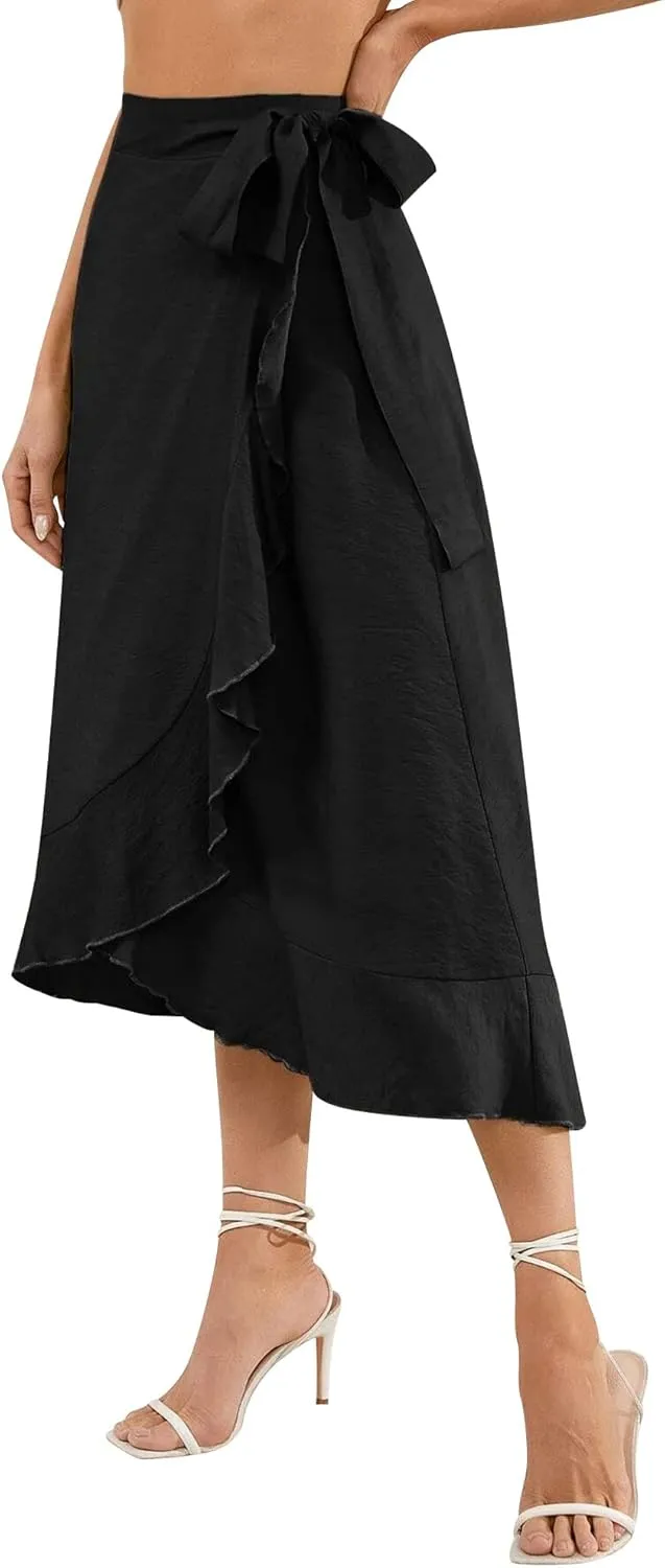 Ezcosplay Women Ruffle Wrap Skirt Tie Waist Boho High Low Asymmetrical Midi Beach Skirt