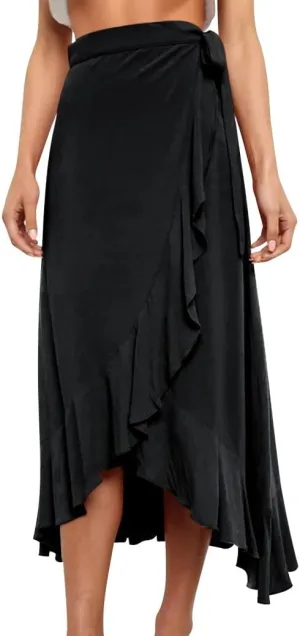 Ezcosplay Women Ruffle Wrap Skirt Tie Waist Boho High Low Asymmetrical Midi Beach Skirt