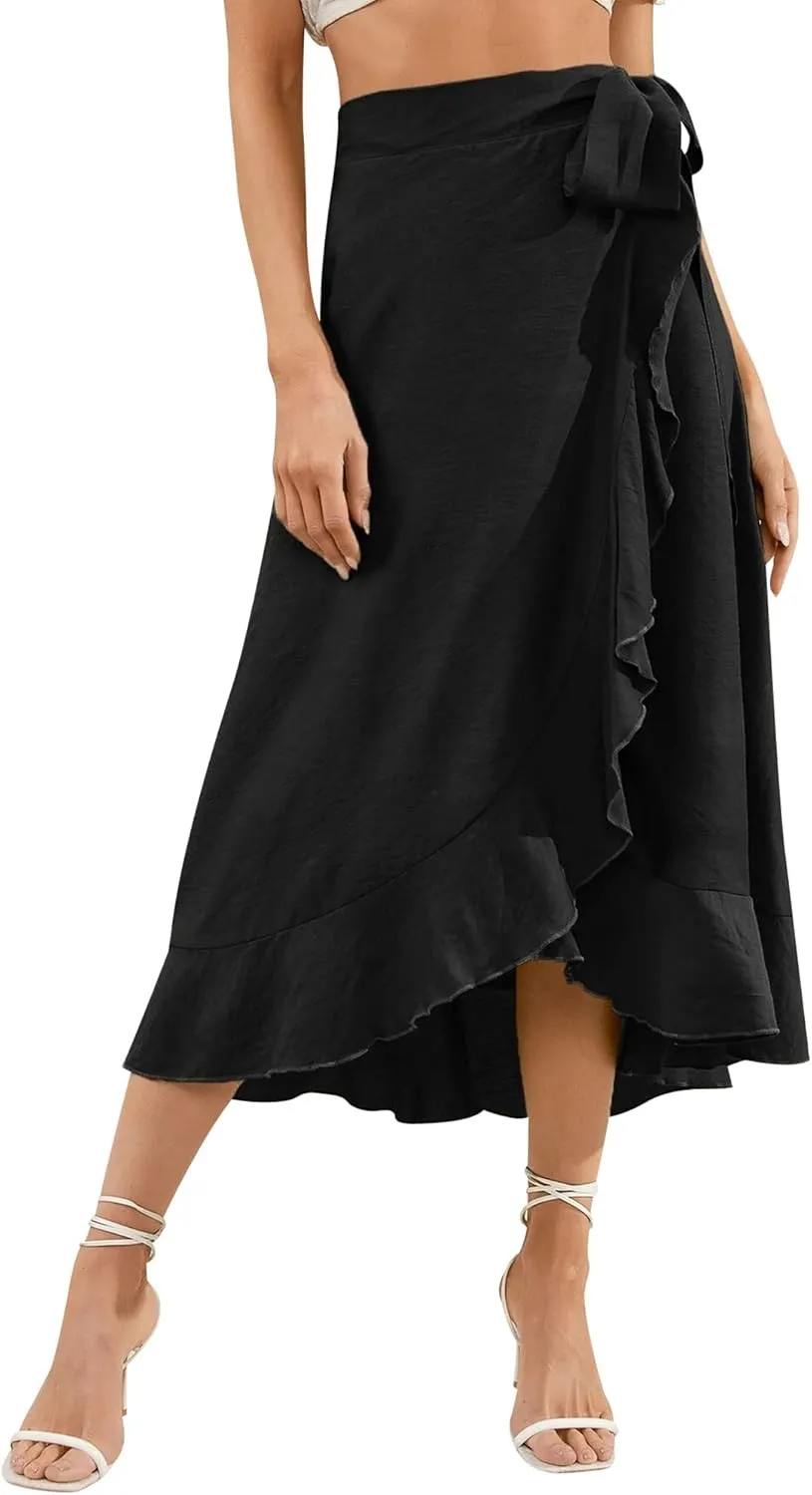 Ezcosplay Women Ruffle Wrap Skirt Tie Waist Boho High Low Asymmetrical Midi Beach Skirt