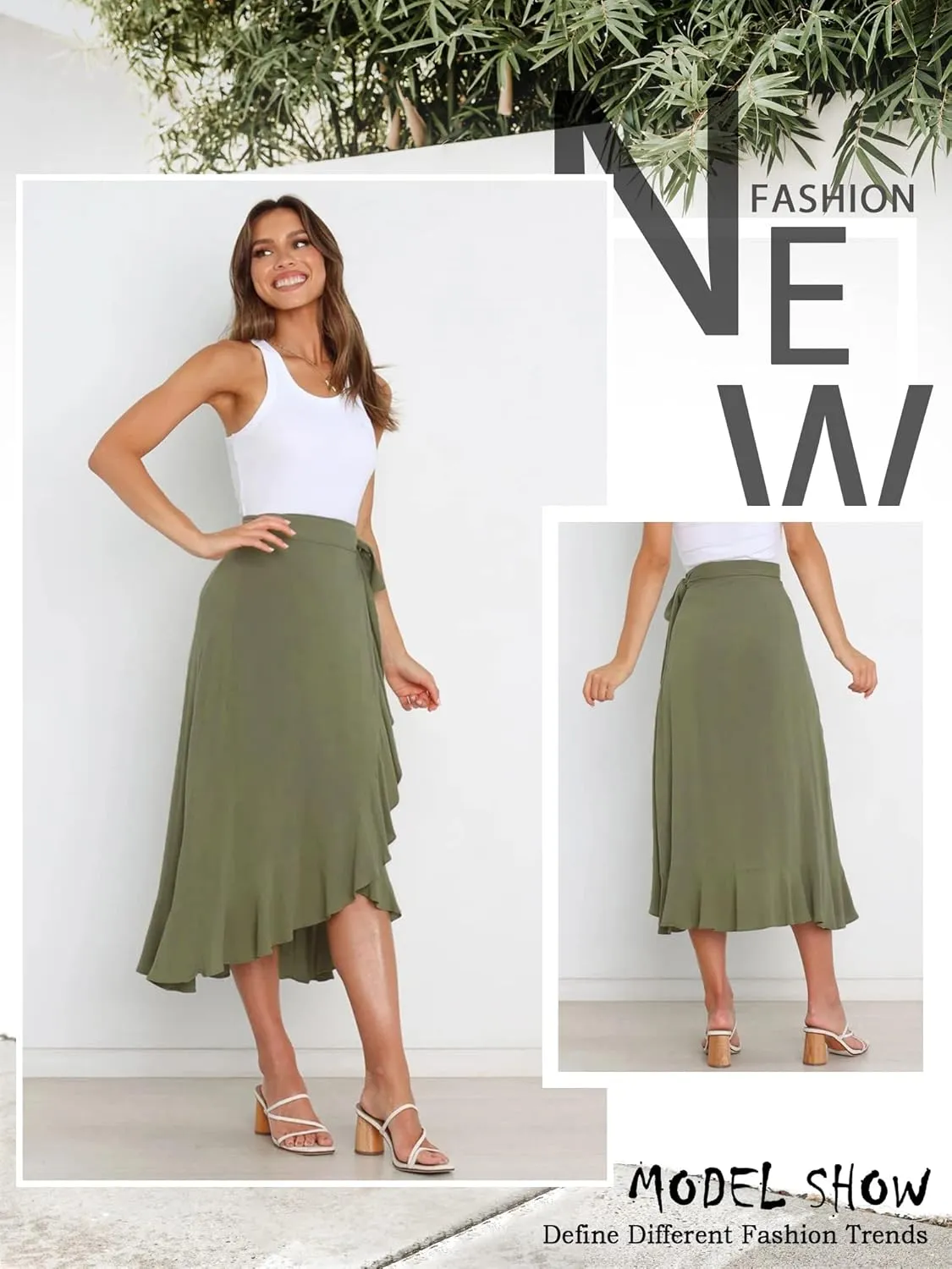 Ezcosplay Women Ruffle Wrap Skirt Tie Waist Boho High Low Asymmetrical Midi Beach Skirt