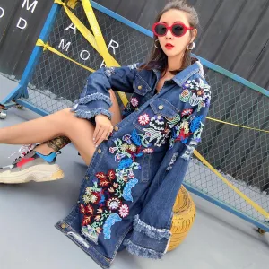 Floral Spring Jacket Floral Embroidery Denim Jacket Coat Spring Autumn Long Ripped Tassel Jean Jacket