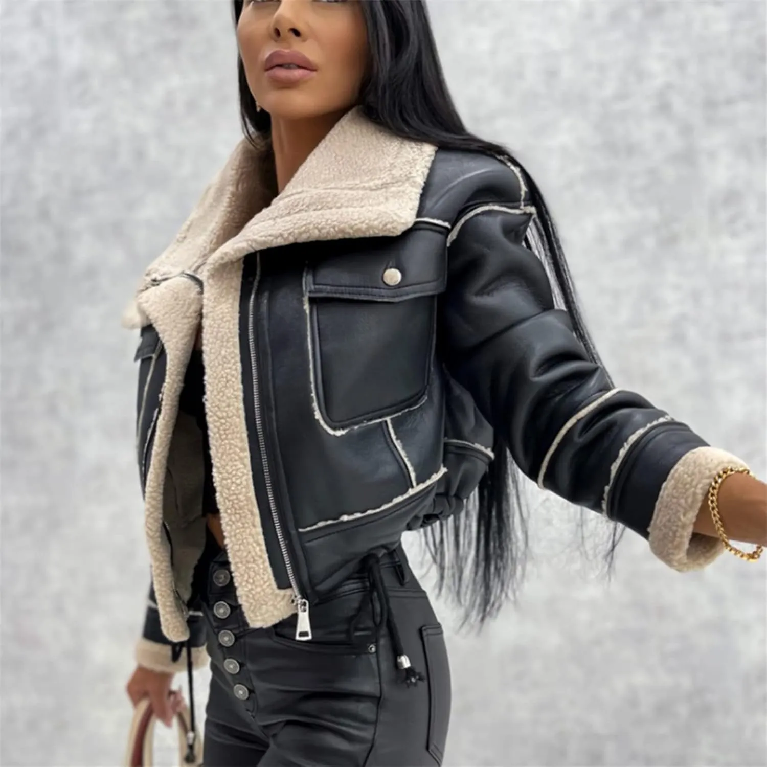 iTranyee Women's Winter Cropped Puffer Jacket Long Sleeve Zipper Cotton-Padded Coat Casual Warm High Neck Quilted Outwear
