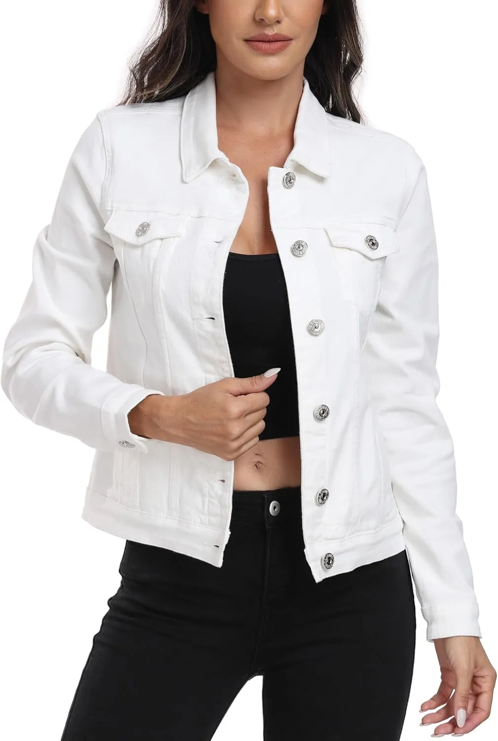 J.Corrine Women's Stretchy Denim Jacket Long Sleeve Vintage Basic Trendy Button Up Trucker Jean Jackets