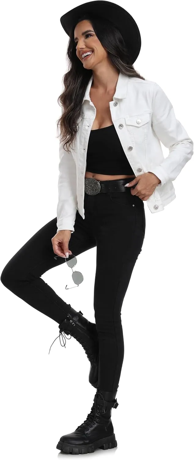J.Corrine Women's Stretchy Denim Jacket Long Sleeve Vintage Basic Trendy Button Up Trucker Jean Jackets