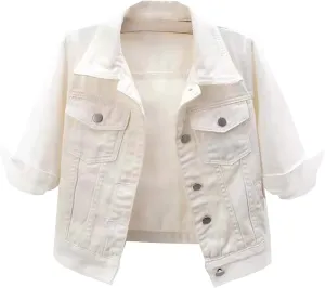 Jean Jacket Women 3/4 Sleeve Colored Cropped Denim Jacket Trendy Light Wash Short Jean Jacket Trucker Coat