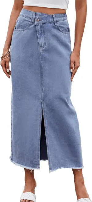 Jean Skirt Women Long High Waisted Elastic Front Slit Coquette Clean Fit Raw Hem Asymmetric Vintage Denim Skirt