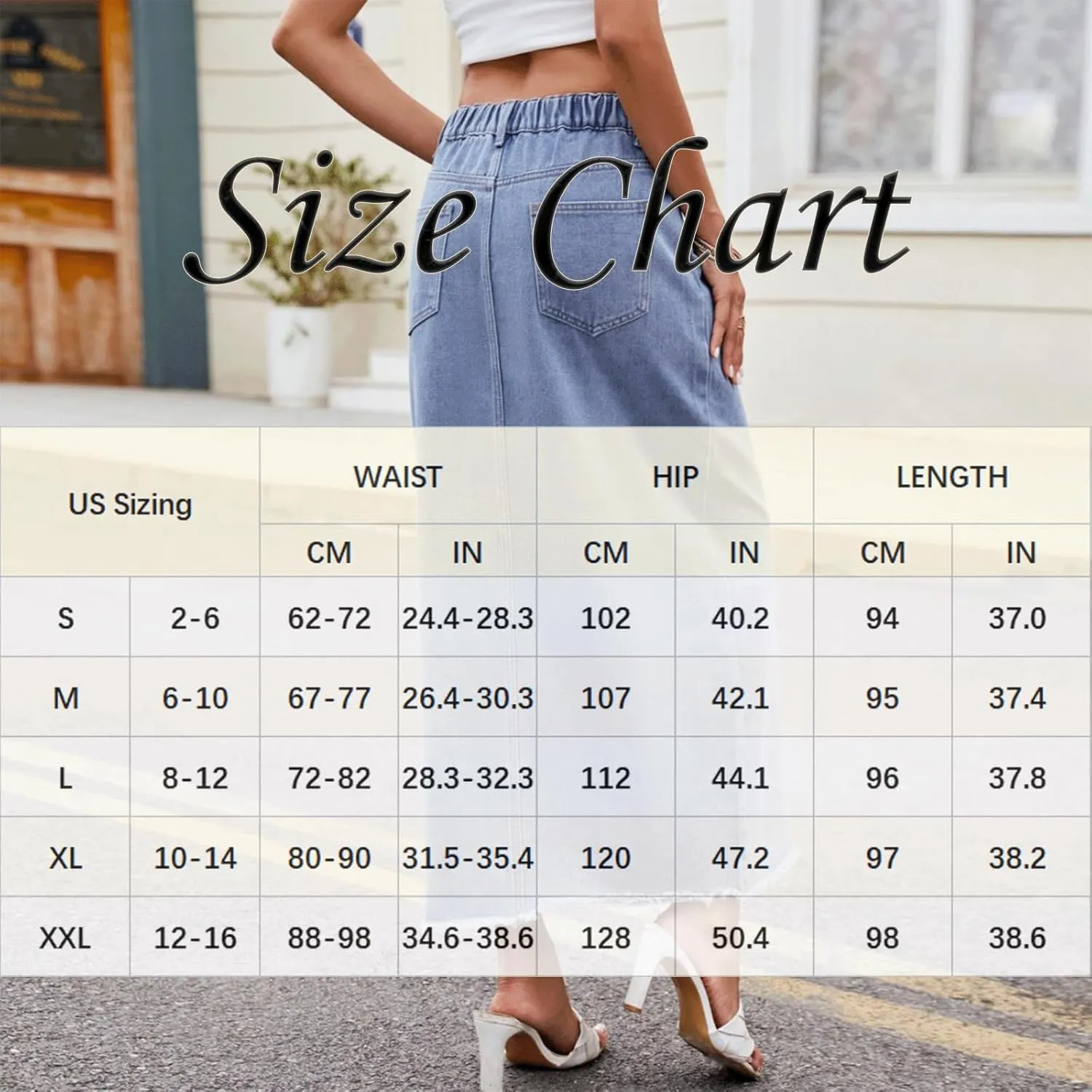 Jean Skirt Women Long High Waisted Elastic Front Slit Coquette Clean Fit Raw Hem Asymmetric Vintage Denim Skirt