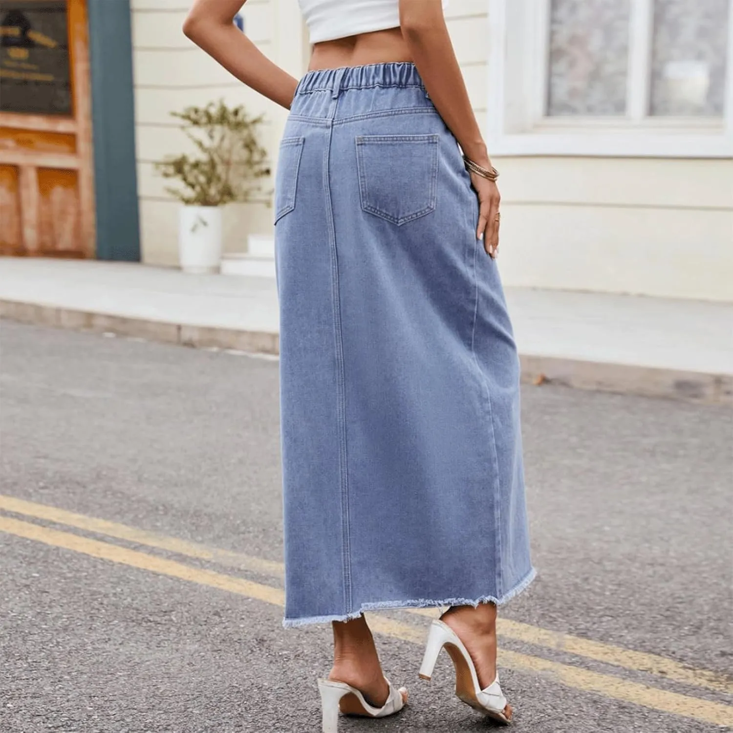 Jean Skirt Women Long High Waisted Elastic Front Slit Coquette Clean Fit Raw Hem Asymmetric Vintage Denim Skirt
