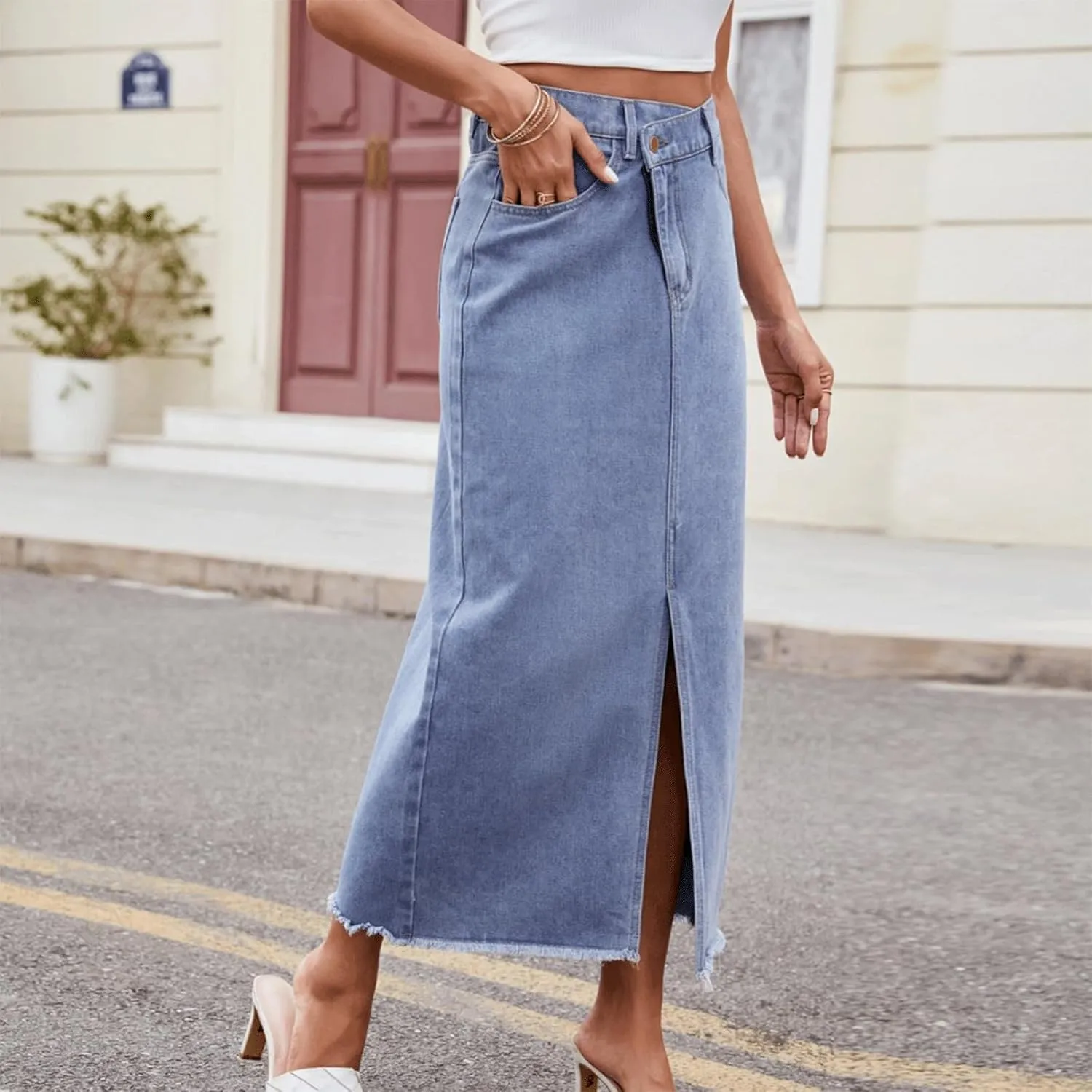 Jean Skirt Women Long High Waisted Elastic Front Slit Coquette Clean Fit Raw Hem Asymmetric Vintage Denim Skirt