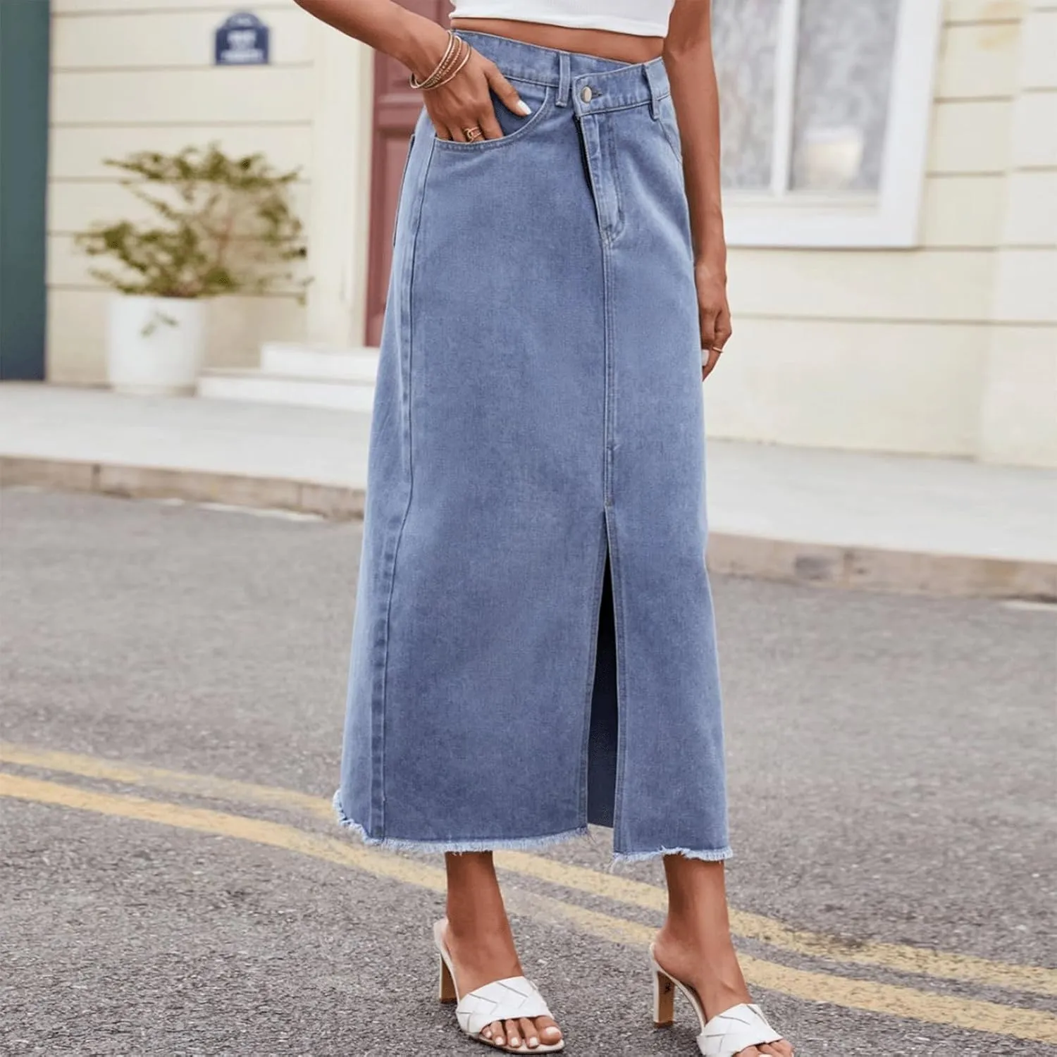 Jean Skirt Women Long High Waisted Elastic Front Slit Coquette Clean Fit Raw Hem Asymmetric Vintage Denim Skirt