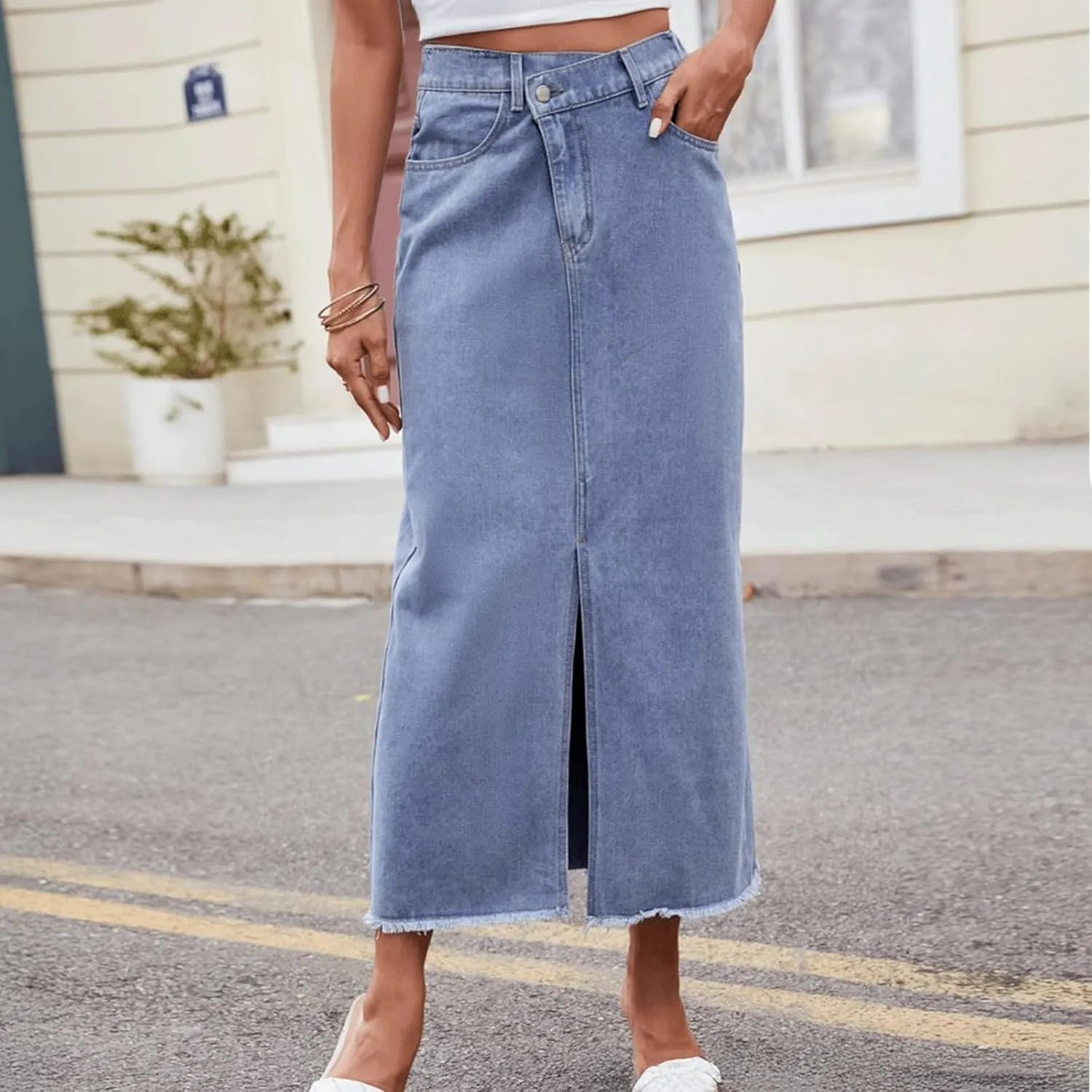 Jean Skirt Women Long High Waisted Elastic Front Slit Coquette Clean Fit Raw Hem Asymmetric Vintage Denim Skirt