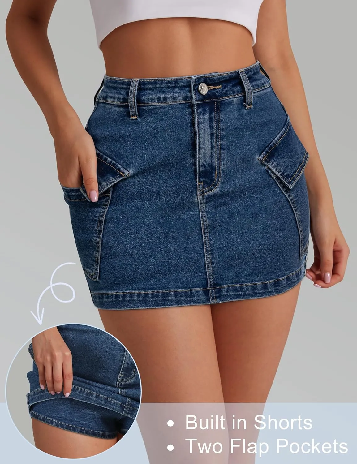 Jean Skirts for Women Denim Skirt Stretchy Jean Skort High Wasited Cargo Mini Denim Skirt with Flap Pockets