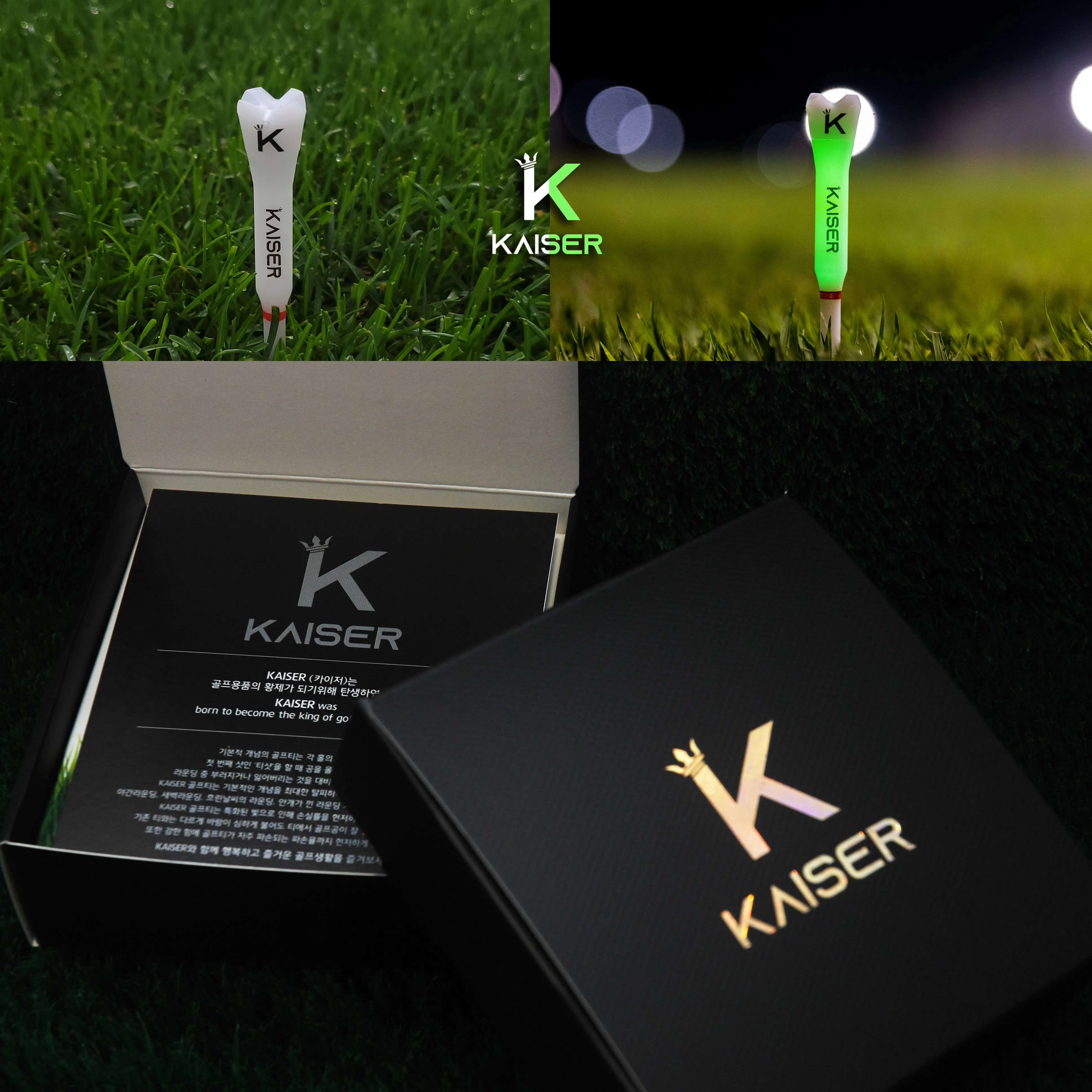 KAISER T1 Golf Tees Day Night Gifts Accessory Sets/ Long 1pcs Short 1pcs/ distance increase luminous anti-slicing Height fix Holders Glow in Dark Light up Flashing Made in Korea