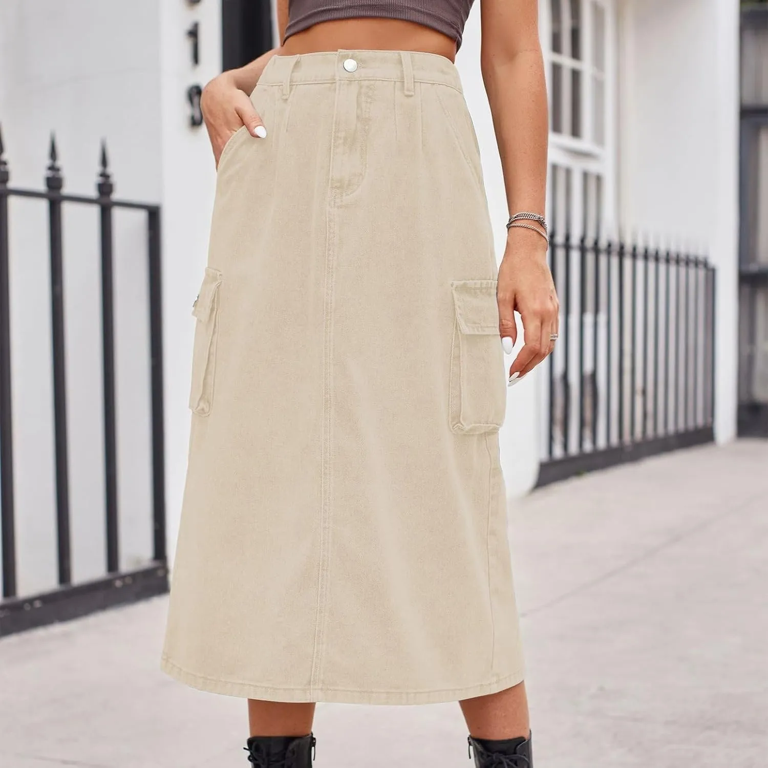 Lu's Chic Women's Denim Skirt High Waisted Western Tea Length Jean Skirt Casual Spring Comfy Zip Up Pocket