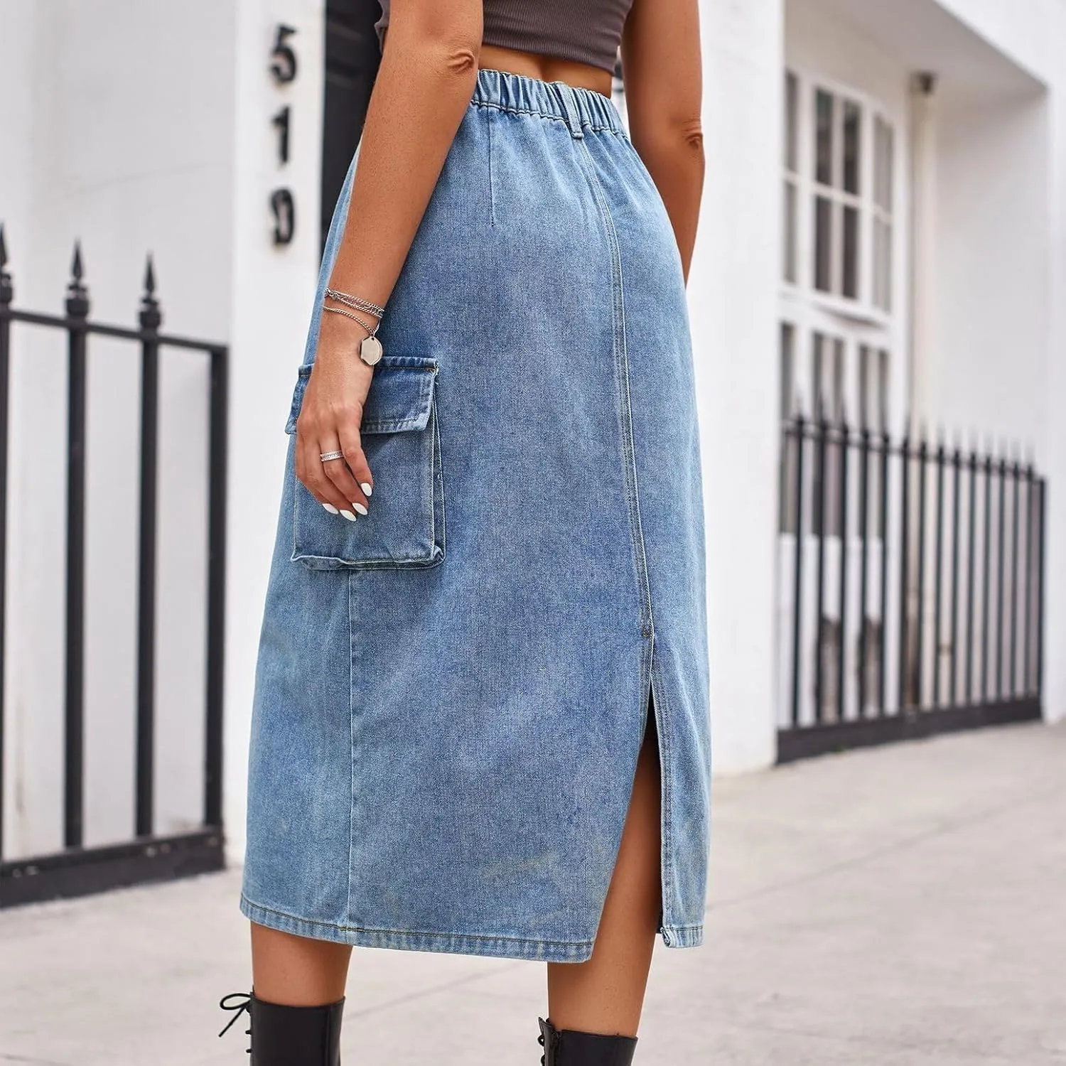 Lu's Chic Women's Denim Skirt High Waisted Western Tea Length Jean Skirt Casual Spring Comfy Zip Up Pocket