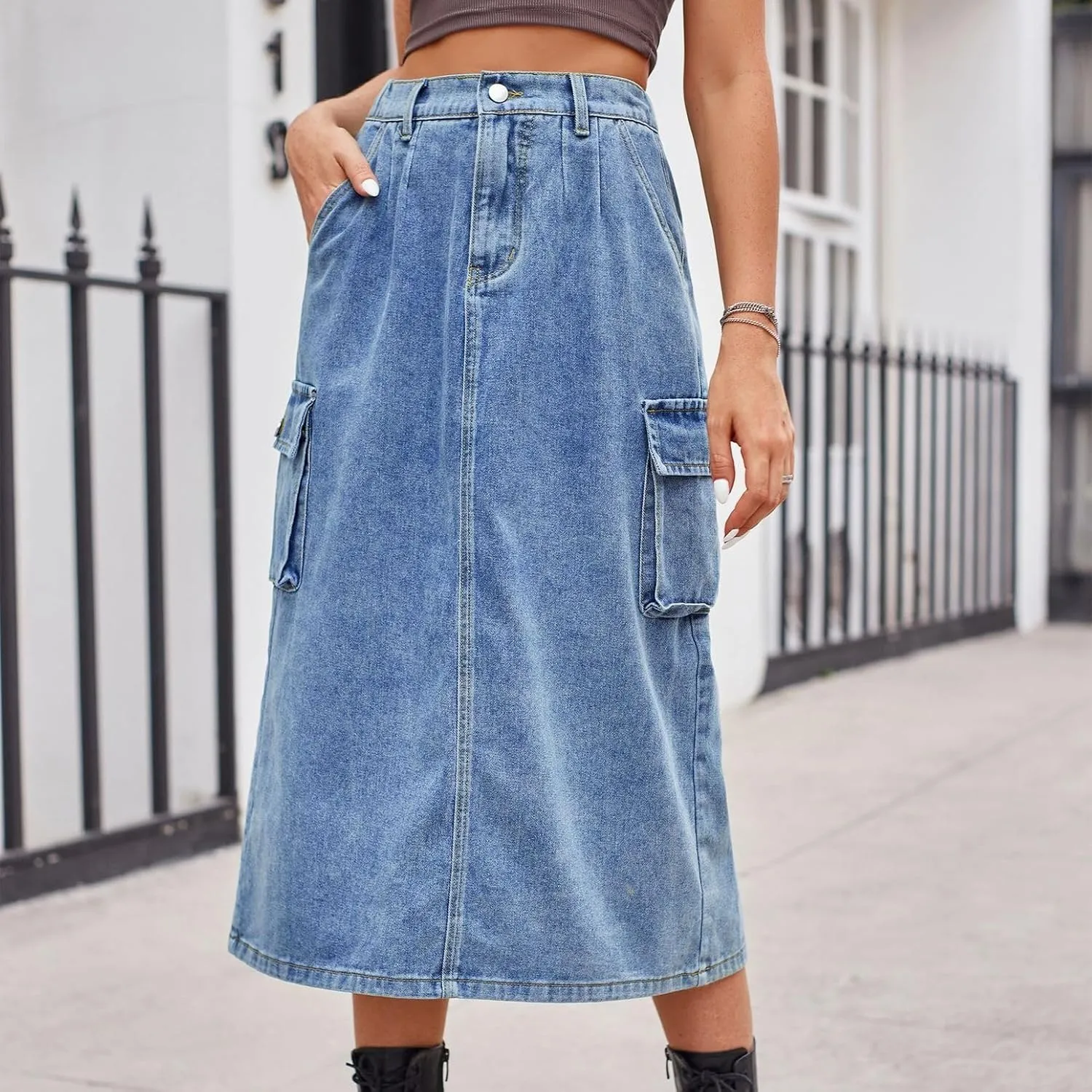 Lu's Chic Women's Denim Skirt High Waisted Western Tea Length Jean Skirt Casual Spring Comfy Zip Up Pocket