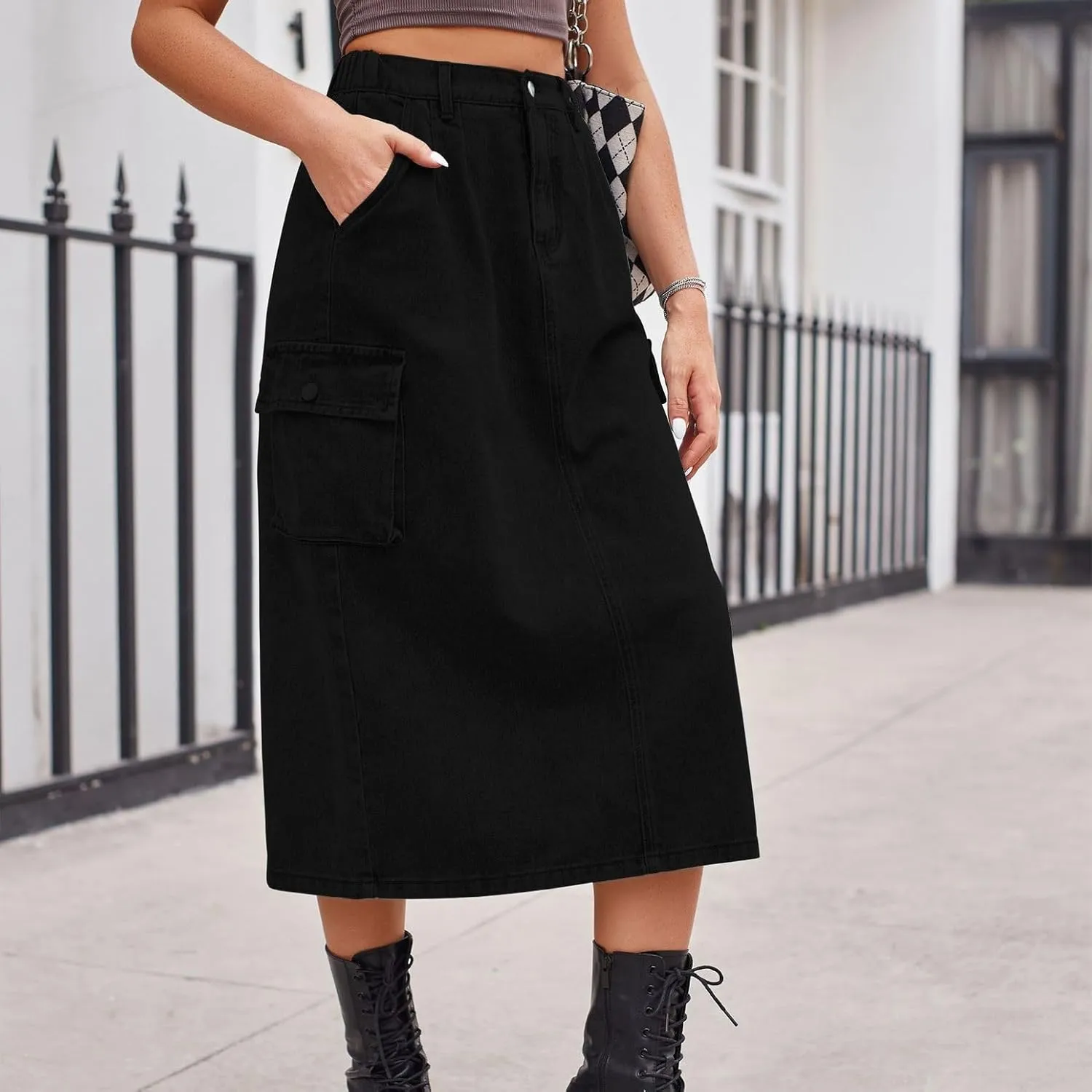 Lu's Chic Women's Denim Skirt High Waisted Western Tea Length Jean Skirt Casual Spring Comfy Zip Up Pocket