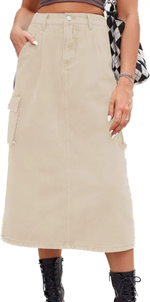 Lu's Chic Women's Denim Skirt High Waisted Western Tea Length Jean Skirt Casual Spring Comfy Zip Up Pocket