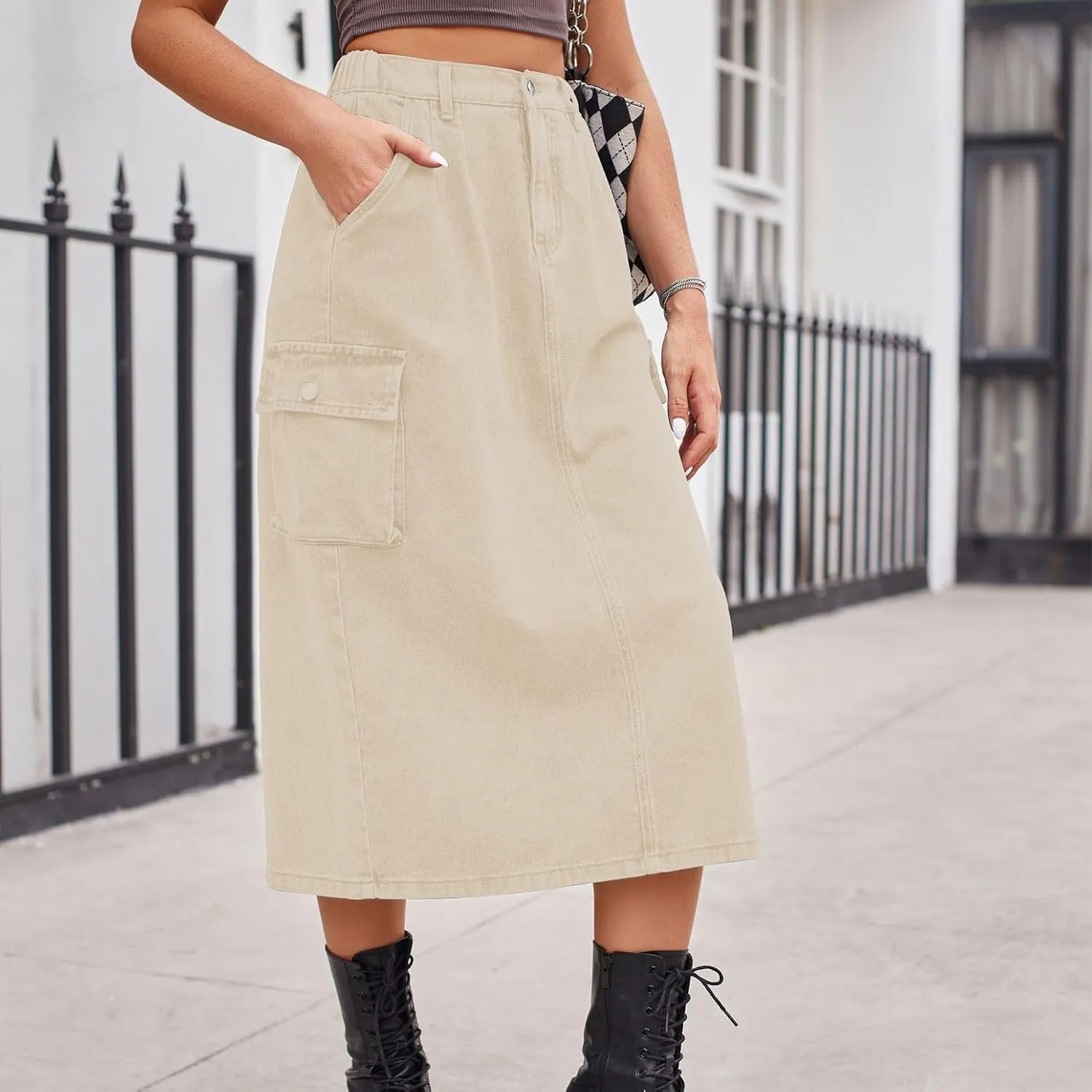 Lu's Chic Women's Denim Skirt High Waisted Western Tea Length Jean Skirt Casual Spring Comfy Zip Up Pocket