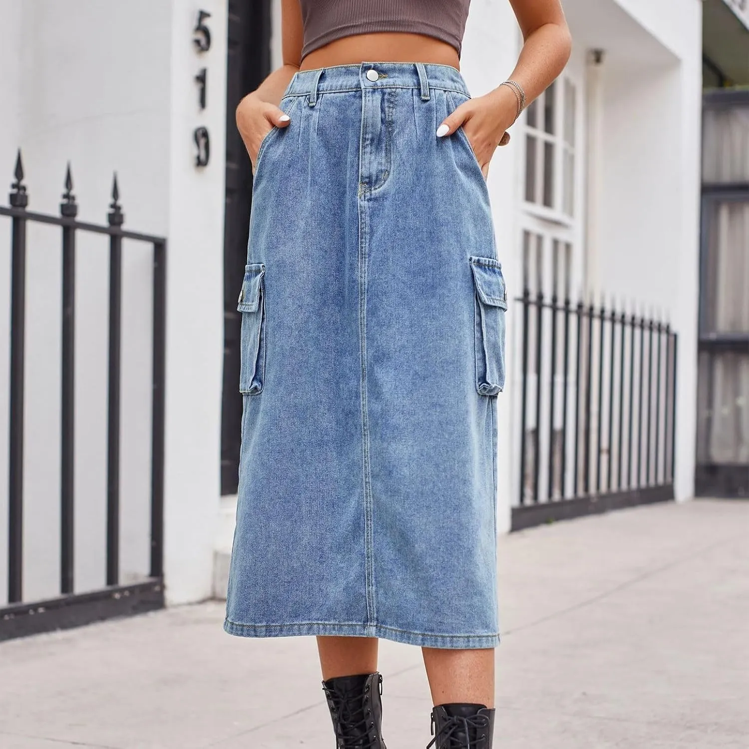Lu's Chic Women's Denim Skirt High Waisted Western Tea Length Jean Skirt Casual Spring Comfy Zip Up Pocket