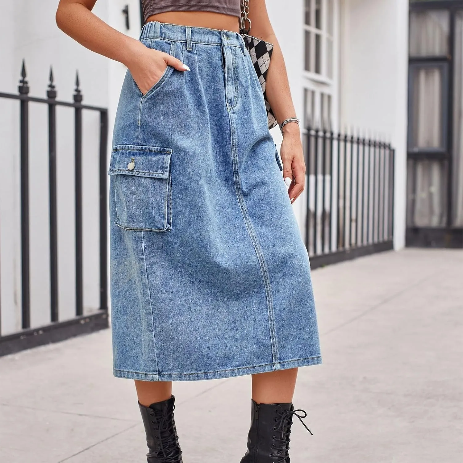 Lu's Chic Women's Denim Skirt High Waisted Western Tea Length Jean Skirt Casual Spring Comfy Zip Up Pocket