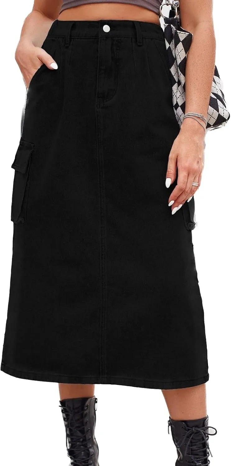 Lu's Chic Women's Denim Skirt High Waisted Western Tea Length Jean Skirt Casual Spring Comfy Zip Up Pocket