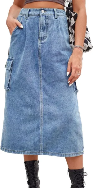 Lu's Chic Women's Denim Skirt High Waisted Western Tea Length Jean Skirt Casual Spring Comfy Zip Up Pocket