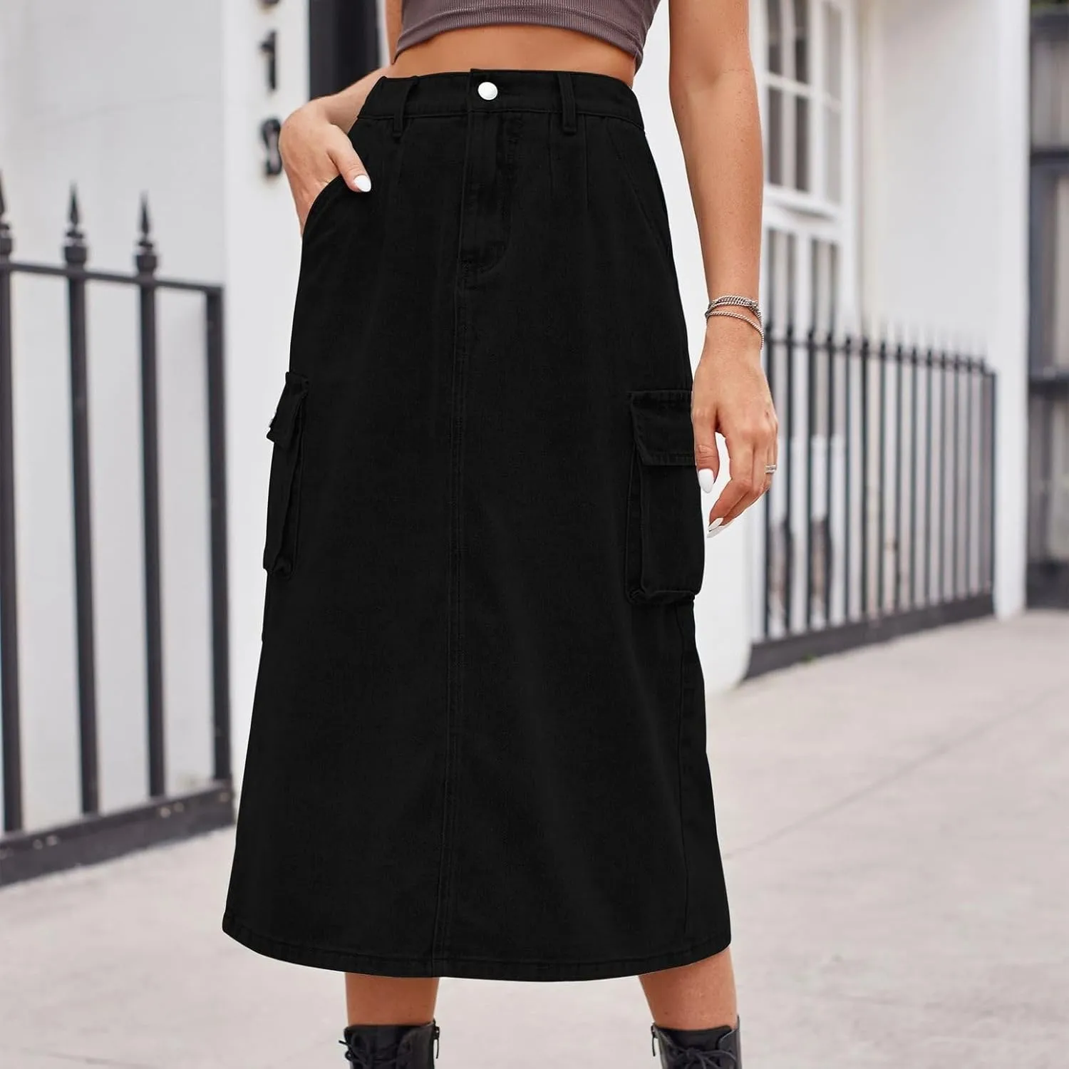 Lu's Chic Women's Denim Skirt High Waisted Western Tea Length Jean Skirt Casual Spring Comfy Zip Up Pocket