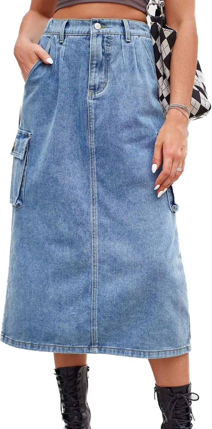 Lu's Chic Women's Denim Skirt High Waisted Western Tea Length Jean Skirt Casual Spring Comfy Zip Up Pocket