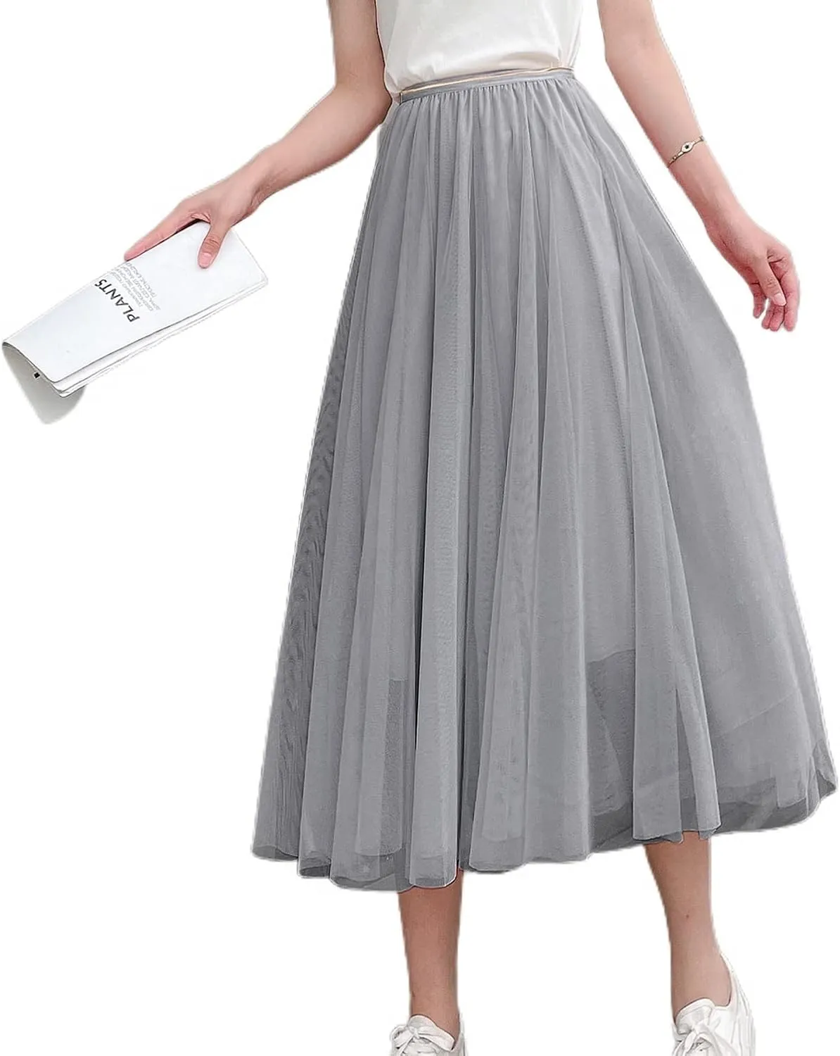 Lu's Chic Women's Pleated Tulle Skirt High Waist Tutu Skirt Chiffon Elastic Waist Summer Layered