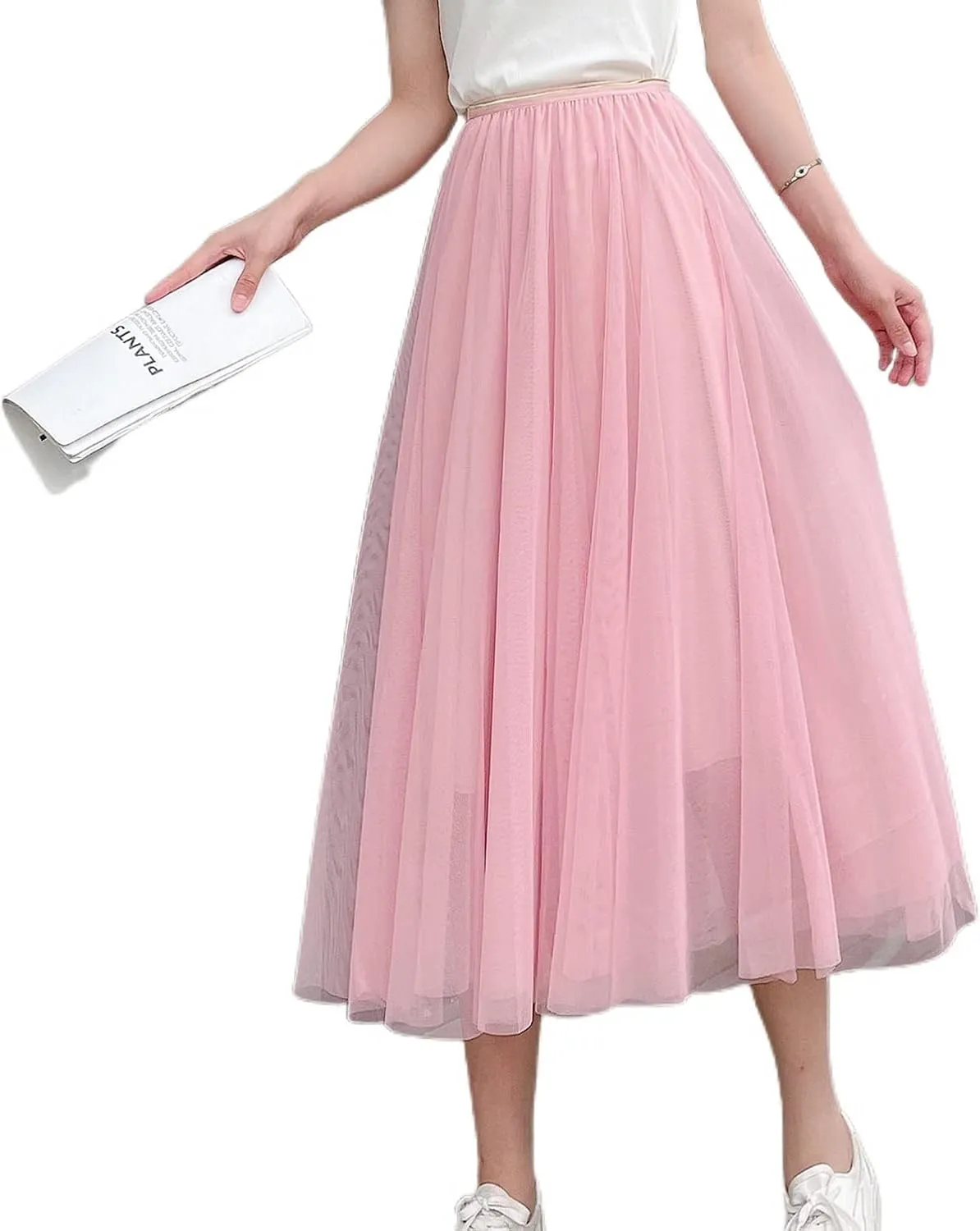 Lu's Chic Women's Pleated Tulle Skirt High Waist Tutu Skirt Chiffon Elastic Waist Summer Layered