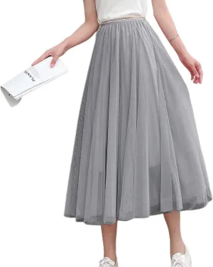Lu's Chic Women's Pleated Tulle Skirt High Waist Tutu Skirt Chiffon Elastic Waist Summer Layered