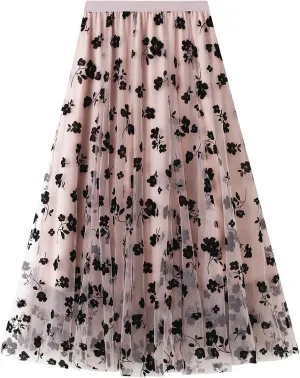 Lu's Chic Women's Tulle Midi Skirt Pleated Summer Floral Elastic Waist Tea-Length Layered Floral