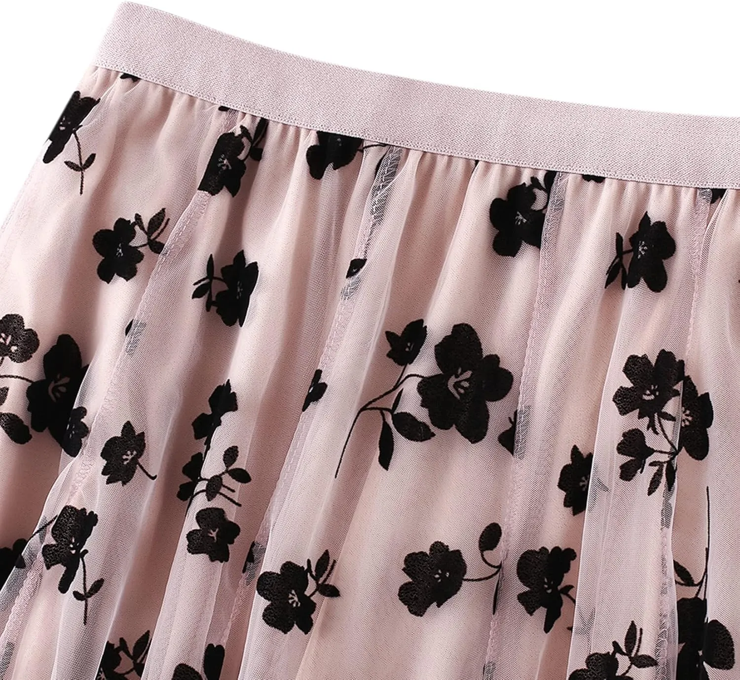 Lu's Chic Women's Tulle Midi Skirt Pleated Summer Floral Elastic Waist Tea-Length Layered Floral