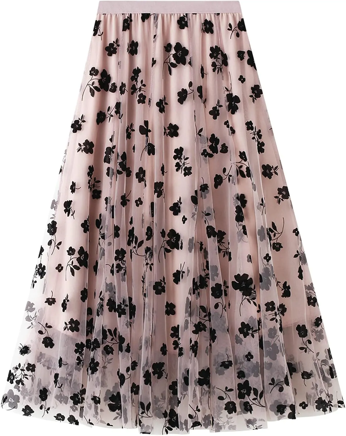 Lu's Chic Women's Tulle Midi Skirt Pleated Summer Floral Elastic Waist Tea-Length Layered Floral