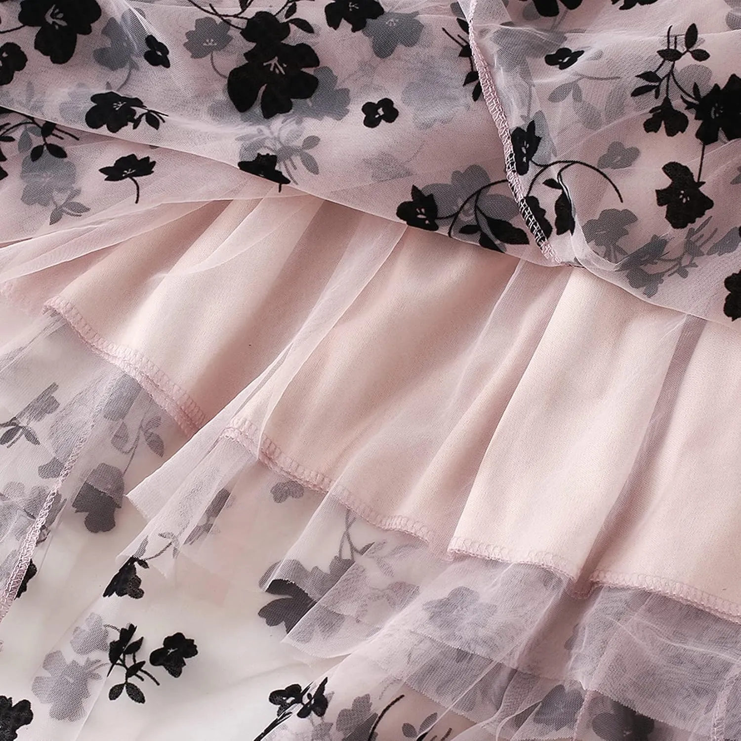 Lu's Chic Women's Tulle Midi Skirt Pleated Summer Floral Elastic Waist Tea-Length Layered Floral