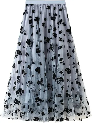 Lu's Chic Women's Tulle Skirt High Waisted Floral Layered Elastic Waist A-line Midi Tutu Waisted