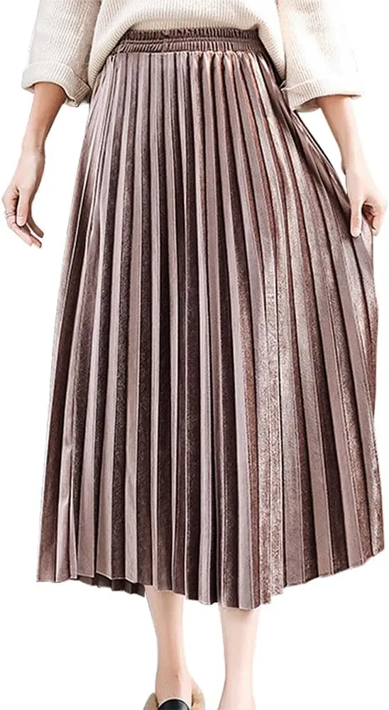 Midi Skirt for Women Pleated Skirt Elastic High Waist A Line Skirt