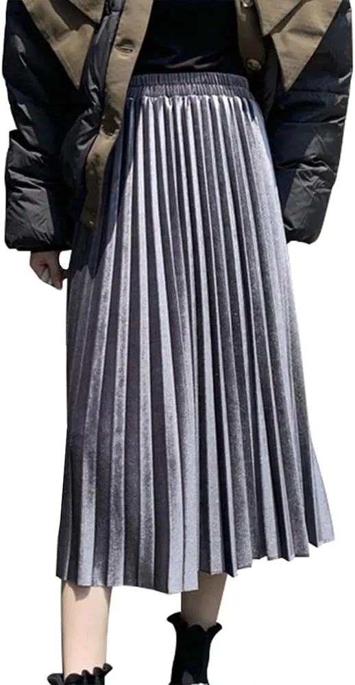 Midi Skirt for Women Pleated Skirt Elastic High Waist A Line Skirt