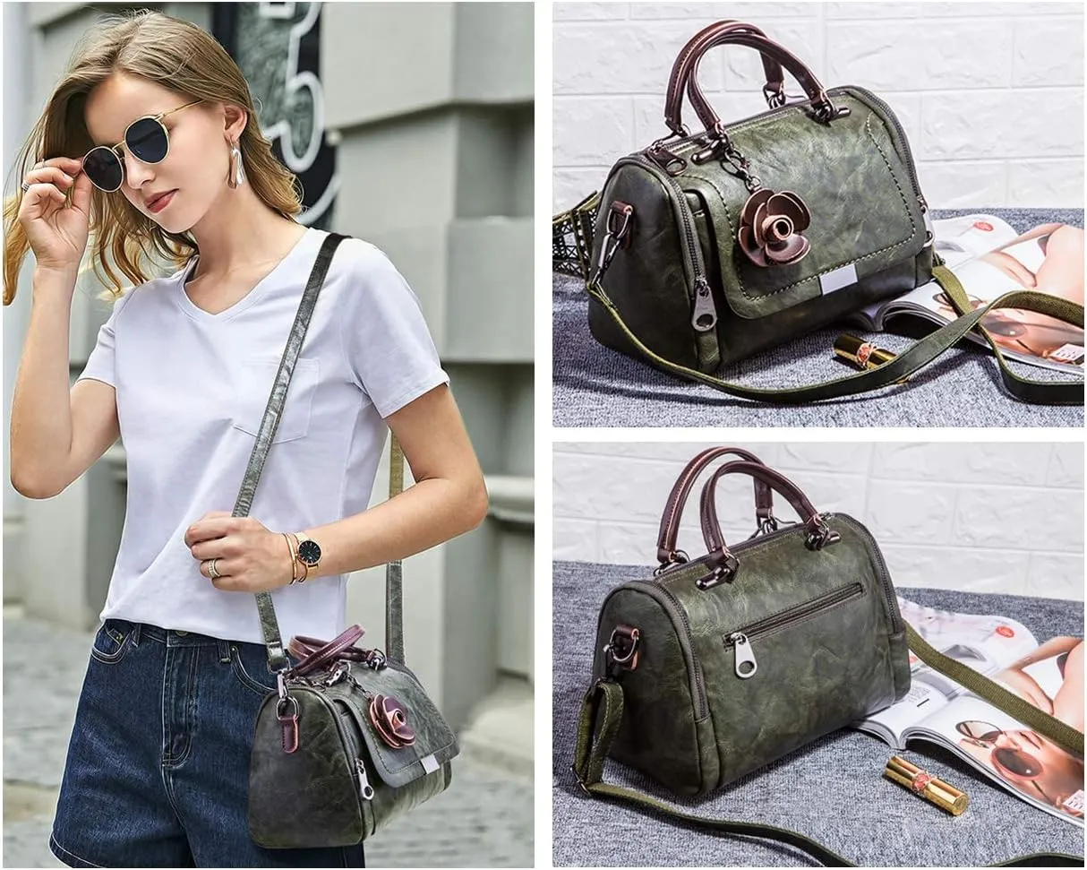 Mn&Sue Women's Cylindrical Doctor Style Handbag - Chic PU Leather Top Handle Satchel, Crossbody Purse for Ladies