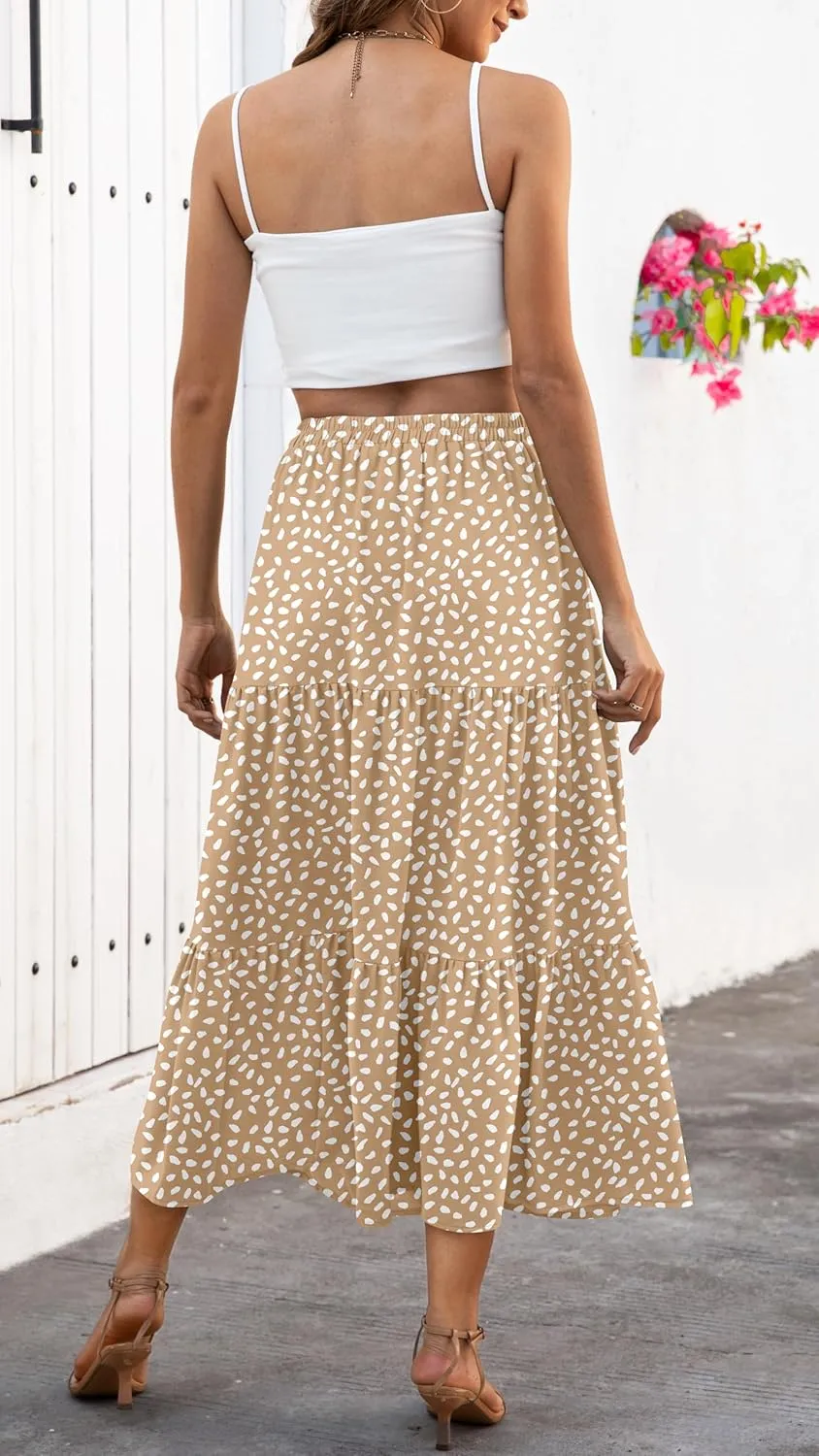 Naggoo Women's Summer Maxi Skirt Tiered A Line Ruffle Elastic High Waisted Flowy Beach Long Skirts with Pockets